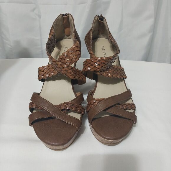 Maurices sandals Womens 10M brown braided faux leather straps wedge heels - Picture 3 of 7
